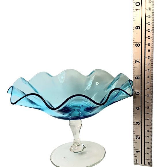 Blue Glass Hand Blown Ruffled Candy Compote Dish Clear Stem Mid-century Modern - Picture 10 of 12